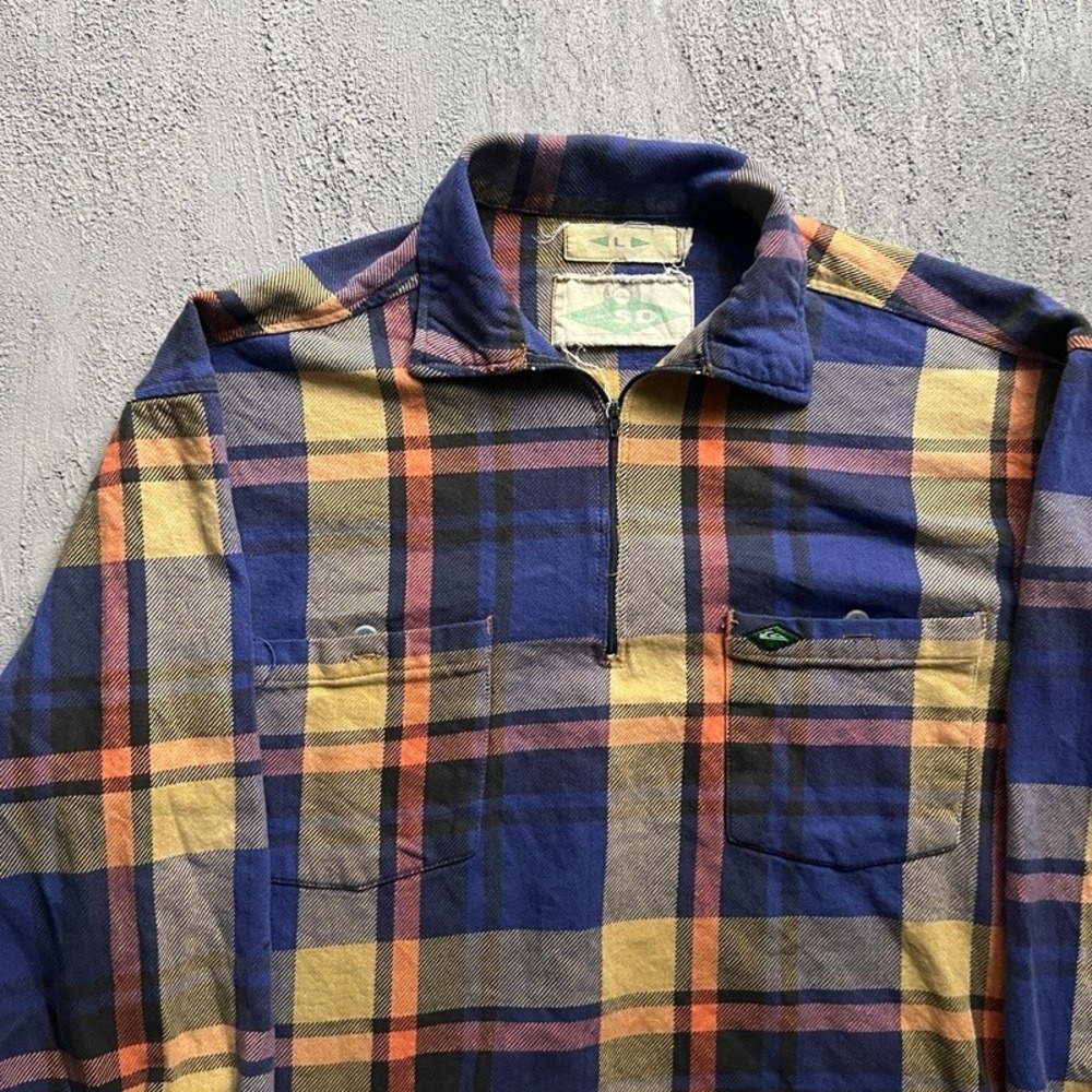 Vintage Quiksilver 1/4 Zip Flannel Shirt Mens Large Blue 1990s Plaid - Picture 2 of 7